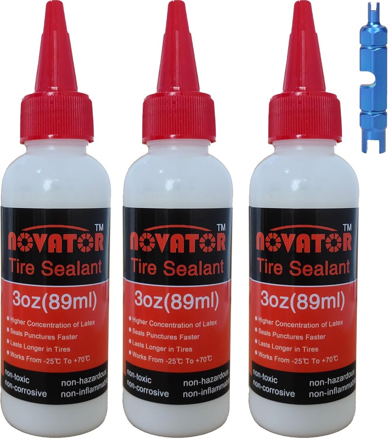 Novator High Performance Bike Tire Sealant For Tubeless, Tubulars, Seals Faster, Lasts Longer, Micro-fiber For MTB, Road, Gravel, CX Bicycle Tires (3oz.sealant * 3 bottle+valve tool) - Image 1